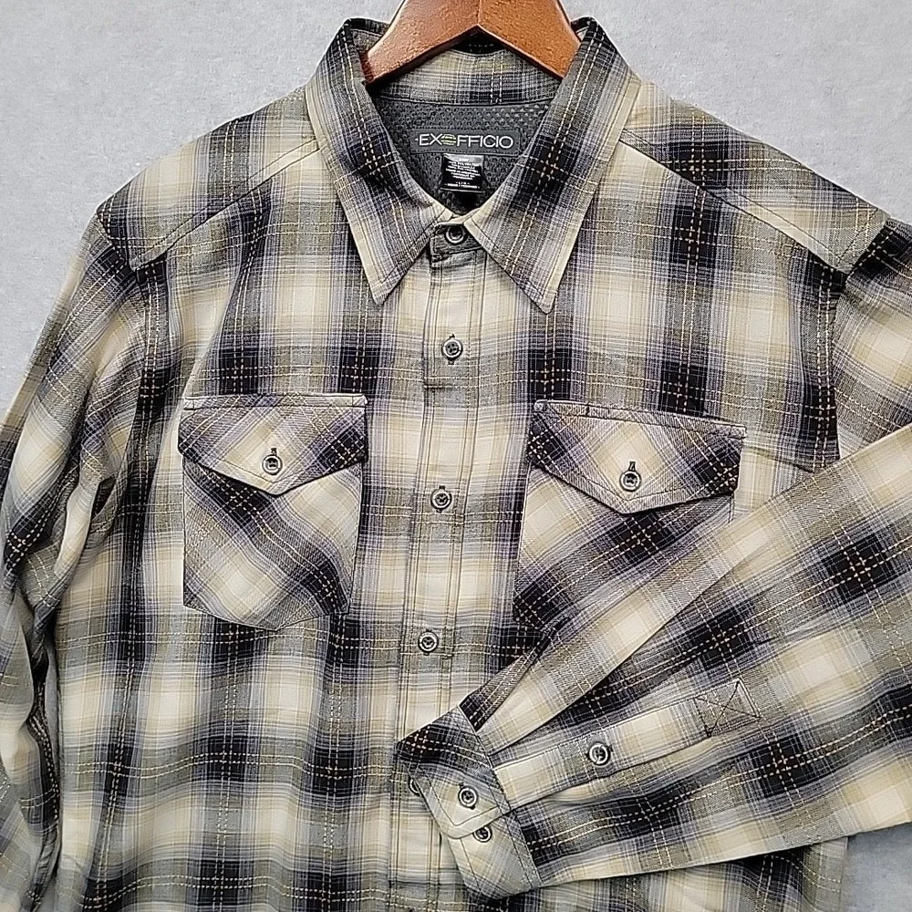 ExOfficio Travel Wear Shirt Mens Large Tan Plaid Long Sleeve Fishing Hiking